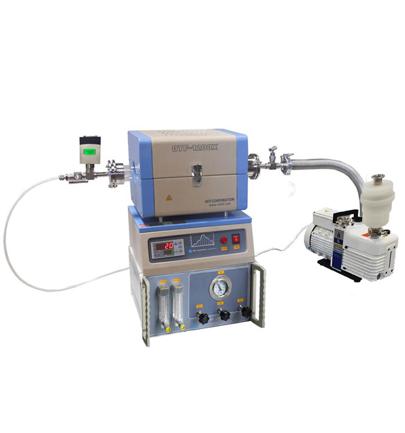 Mini CVD Tube Furnace with 2 Channel Gas Mixer, Vacuum Pump, and Vacuum Gauge - OTF-1200X-S50-2F