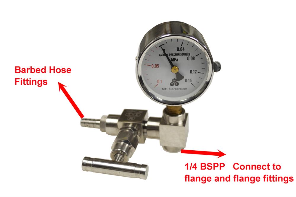 Customized Gauge Valves with SS Needle Valve, Barbed Hose Fitting and Mechanical Gauge - EQ-CM-GV